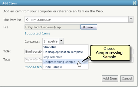 Auswählen der Geoverarbeitungsvorlage beim Hinzufügen einer ZIP-Datei
