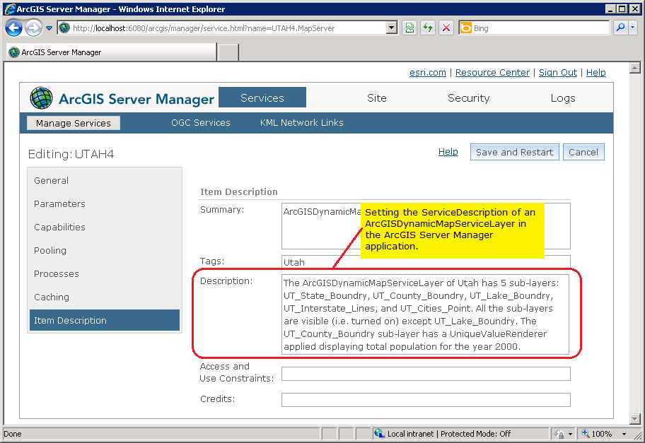 Settgin the ServiceDescription Property using the ArcGIS Server Manager.