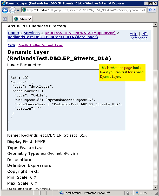 Using the ArcGIS REST Service Directory to test for a valid Dynamic Layer (screen shot3).