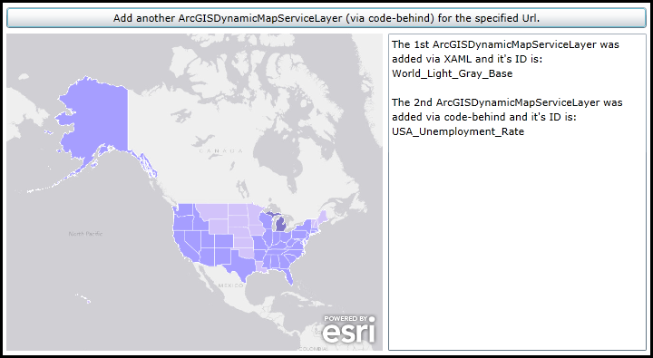 Example of how to add ArcGISDynamicMapServiceLayers using XAML and code-behind.