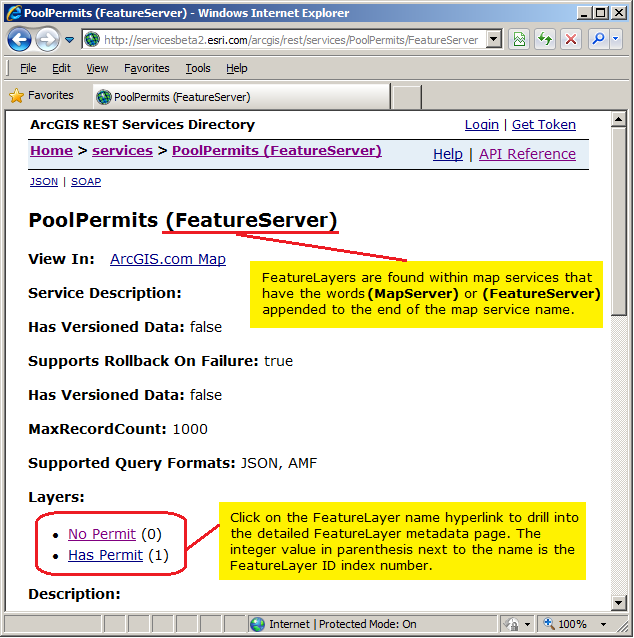 Drilling into individual FeatureLayer metadata pages for a FeatureService or MapService.