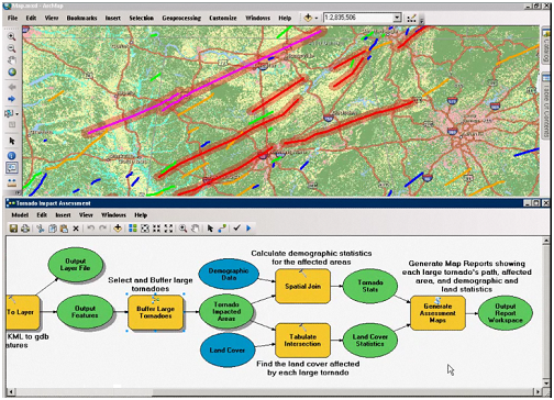 Модель воздействия торнадо, нанесенная на карту с использованием ArcMap