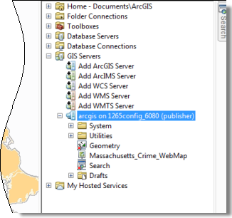 “GIS 服务器”列表展开的 ArcMap 目录窗口