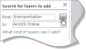 Das Suchdialogfeld enthält das Stichwort "transportation", und die Liste "In" ist auf ArcGIS Online eingestellt.