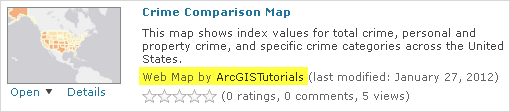 Der Suchergebniseintrag für die Karte "Crime Comparison Map" von ArcGIS Tutorials