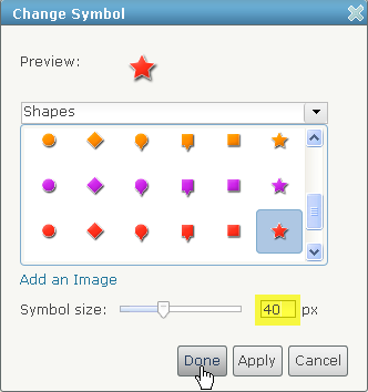 Das Dialogfeld "Symbol ändern" mit einem roten Stern, ausgewählt aus dem Shapes-Symbolsatz