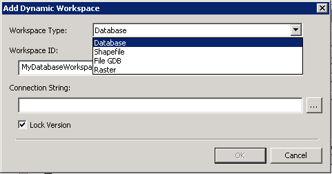 The 'Add Dynamic Workspace' dialog showing the Workspace Types of: Database, Shapefile, File GDB, and Raster.