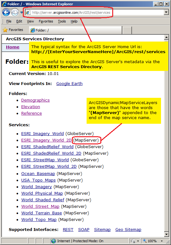 Example screen shot of the ArcGIS Online web services ArcGIS REST Services Directory.