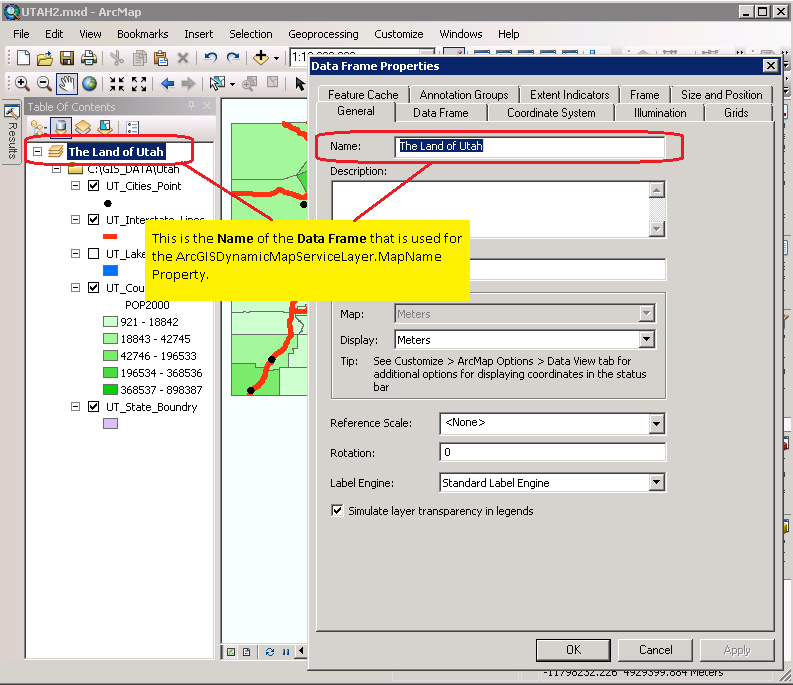 Changing the Name value of the Data Frame in ArcMap.