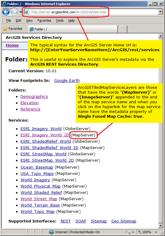 Example screen shot of the ArcGIS Online web services ArcGIS REST Services Directory.