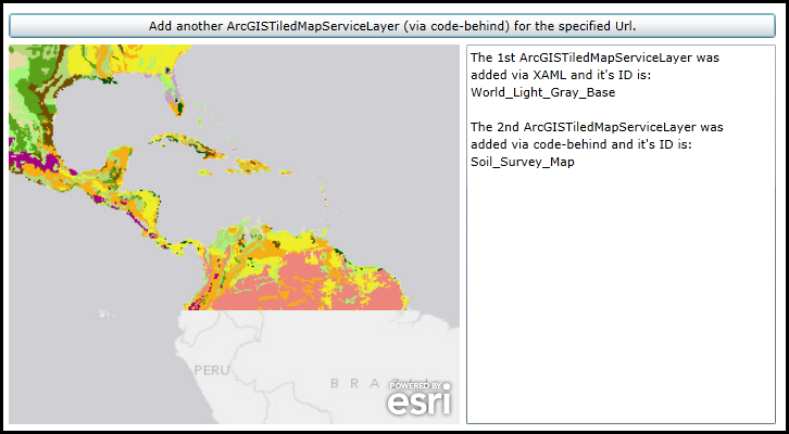 Examples of how to add ArcGISTiledMapServiceLayers in XAML and code-behind.