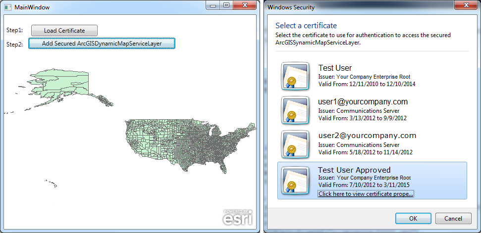 Adding a PKI security based layer to a Map Control using the ArcGISDynaimcMapServiceLayer.ClientCertificate Property.