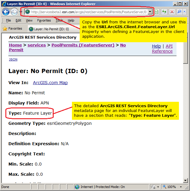 Getting the FeatureLayer.Url from the ArcGIS REST Services Directory.