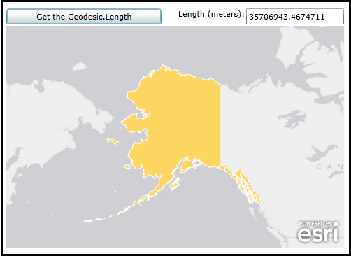 Calculating the perimeter Geodesic.Length of the Polgon feature for the state of Alaksa. Before the area calculation can occur, first the feature must be converted from WKID=102100 to WKID=4326.