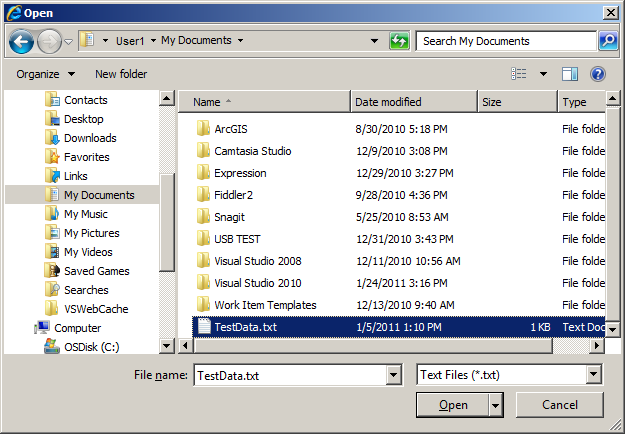 The Open dialog pointing to the TestData.txt file containing information to create Graphics.