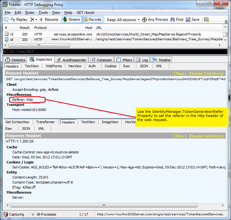 Viewing the result of setting the IdentityManager.TokenGenerationRefer Property in Fiddler.