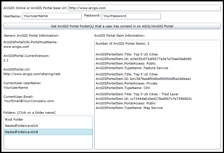 Using the ArcGISPortalFolders.GetItemsAsync to get ArcGISPortalItem details.