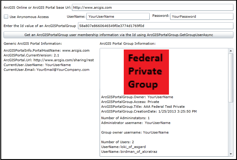 Using the ArcGISPortalGroup.GetGroupUsersAsync Method to get information about user membership of a Group.