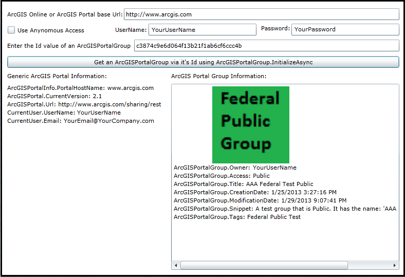 Using the ArcGISPortalGroup.InitializeAsync Method to get information about a Group.