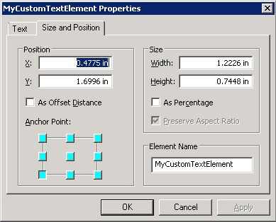 A custom Text Element Properties dialog. Make sure and specify a value for the 'Element Name'.