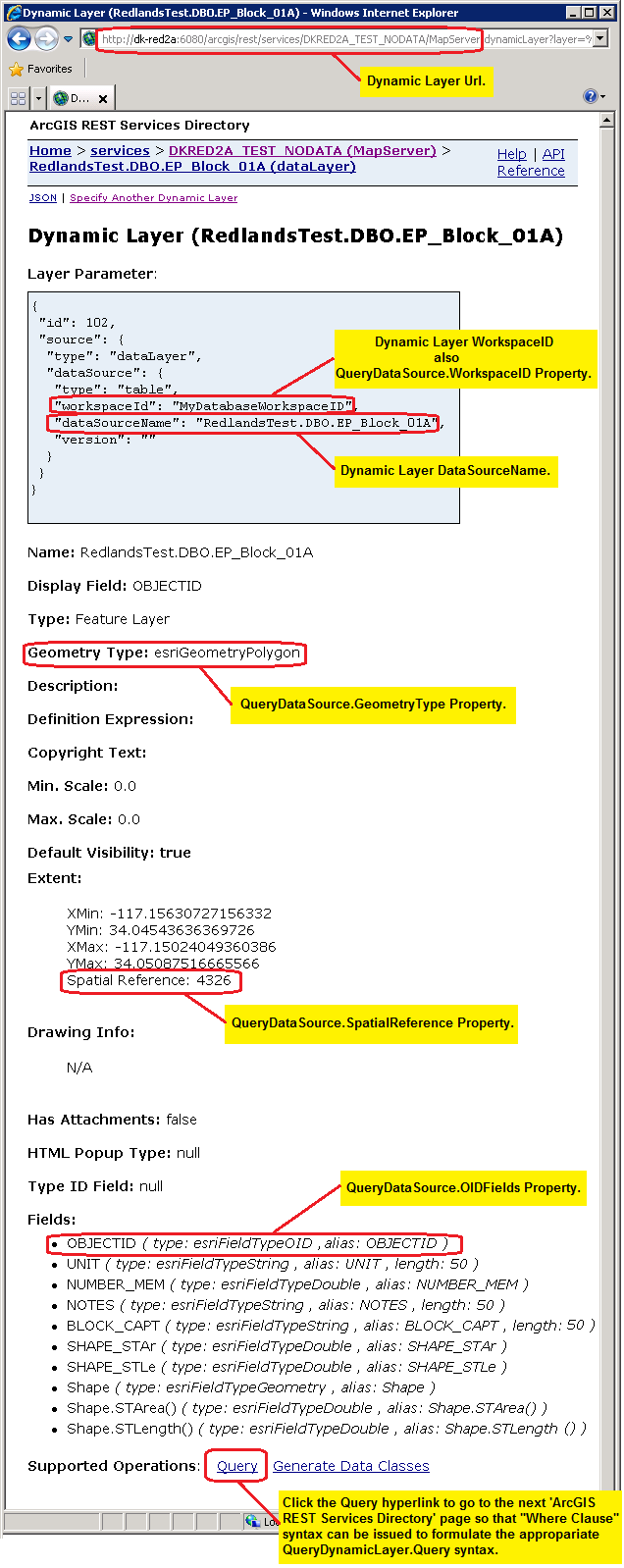 The 'Obtaining the QueryDataSource Parameter information from the 'ArcGIS REST Services Directory' pages.