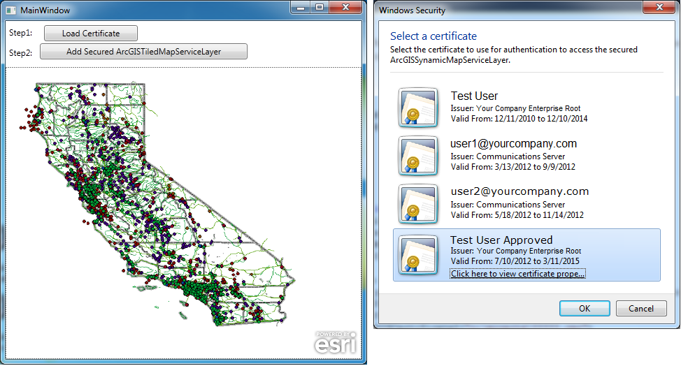 Adding a PKI security based layer to a Map Control using the ArcGISTiledMapServiceLayer.ClientCertificate Property.