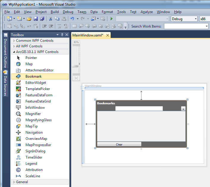 Example of the Bookmark Control on the XAML design surface of a WPF application.