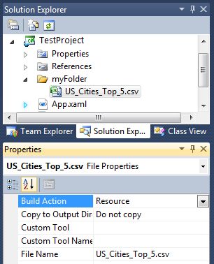 Adding the US_Cities_Top_5.csv file as a Resource to the Visual Studio Proect named 'TestProject' in the 'myFolder' location.