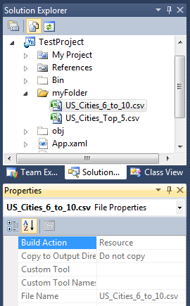 Adding the US_Cities_Top_5.csv and US_Cities_6_to_10.csv files as a Resources to the Visual Studio Proect named 'TestProject' in the 'myFolder' location.