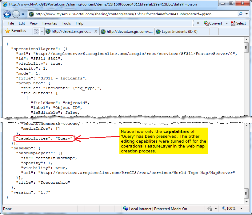 Looking at the 'Capabilities' of an operational Featurelayer in a web map's JSON.
