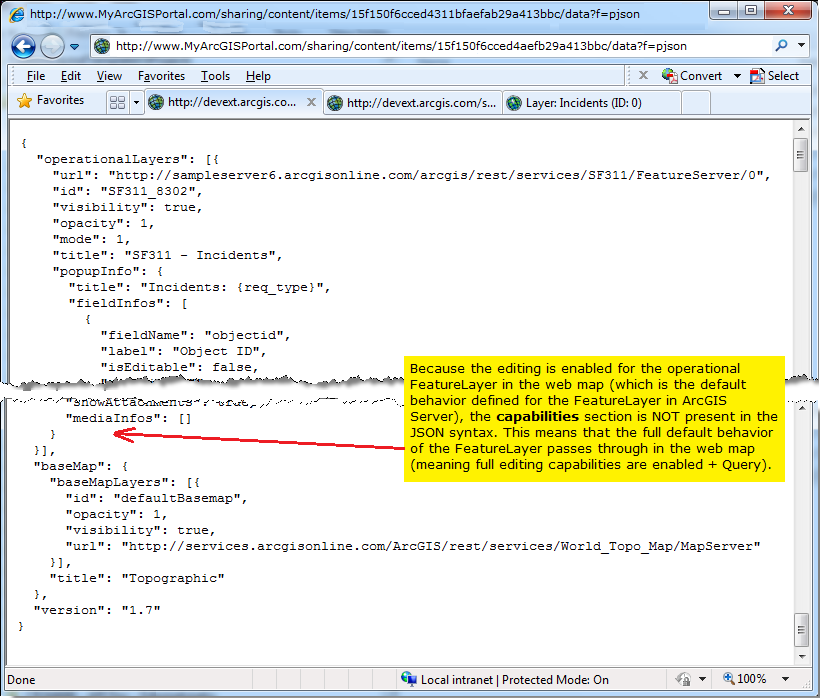 Looking at the 'Capabilities' of an operational Featurelayer in a web map's JSON.