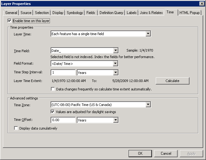 Enabling TimeExtent information to be used on an ArcGISDynamicMapServiceLayer in ArcMap before publishing the service in ArcGIS Server.