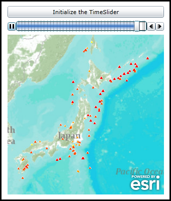 Example of using the TimeSlider Control to display time enabled features of an ArcGISDynamicMapServiceLayer.
