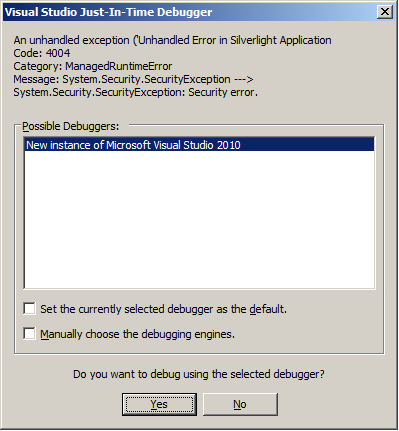 Example of an 'Unhandled Exception' when the Layer.IntializationFailed Event is not used and an error is in the Layer.