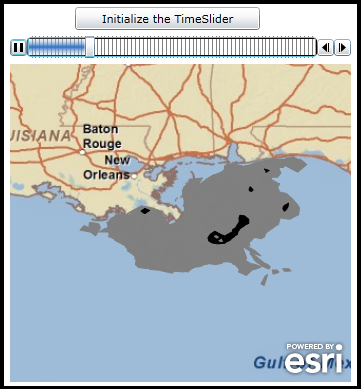 Using the TimeSlider Control to display oil spill observations and trajectory of the oil plume.