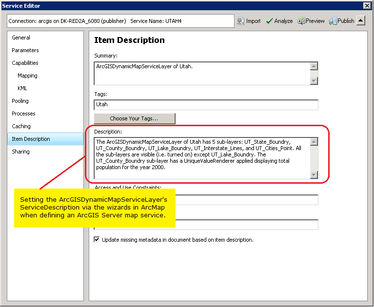 Setting the ServiceDescription Property using the ArcMap wizard dialogs.