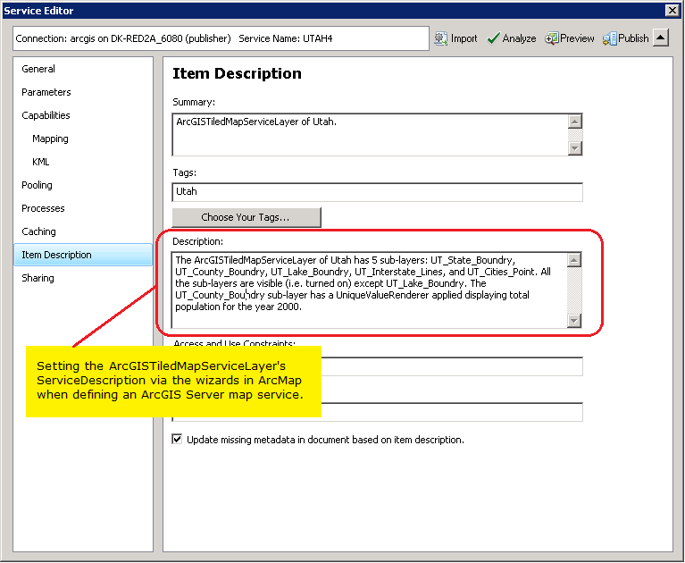 Setting the ServiceDescription Property using the ArcMap wizard dialogs.