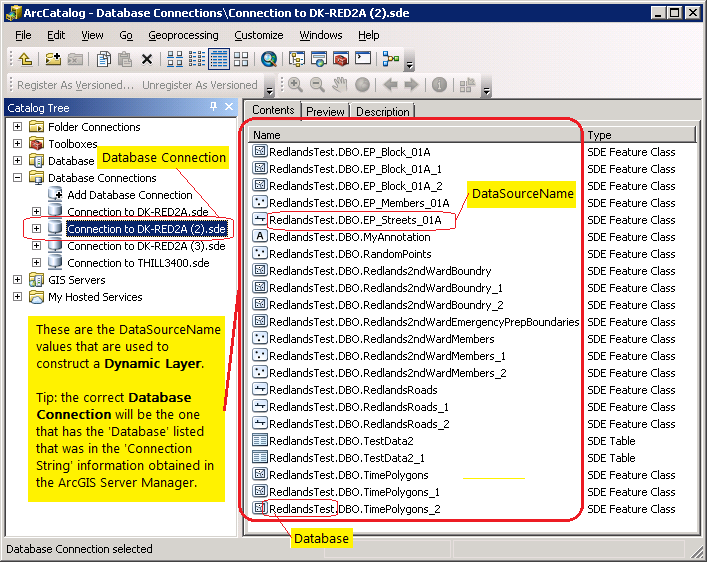 Using ArcCatalog to view all the available DataSourceNames for a Dynamic Layer.