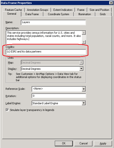 Setting the ArcGISDynamicMapServiceLayer.CopyrightText in Credits section of the Data Frame Properties dialog of ArcMap.