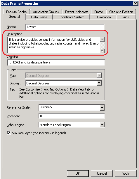 Setting the ArcGISDynamicMapServiceLayer.Description in Description section of the Data Frame Properties dialog of ArcMap.