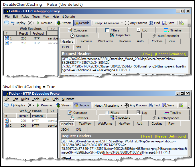 Example response header information in Fiddler when the DisableClientCaching Property is changed.