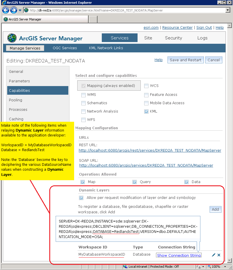 Using ArcGIS Server Manager to view the WorkspaceID and Database for a Dynamic Layer.