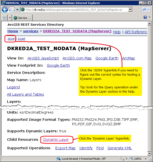 Using the ArcGIS REST Service Directory to test for a valid Dynamic Layer (screen shot1).