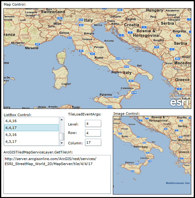 Displaying individual tile images and their URL values for an ArcGISTiledMapServiceLayer.