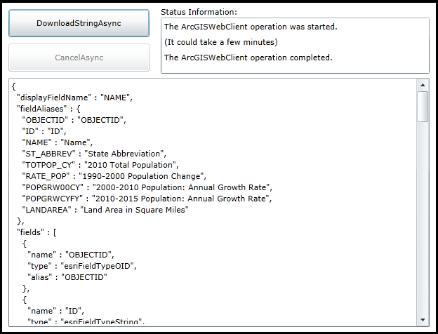 Using the ArcGISWebClient.DownloadStringAsync Method to obtain JSON string information from ArcGIS Server.