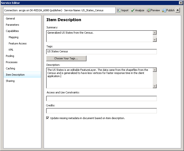 Enter values for the Summary, Tags, and Description in the Item Description tab.