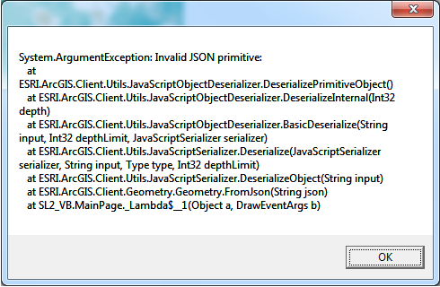 Example of Geometry.FromJson error (System.ArcgumentException: Invalid JSON primitive).