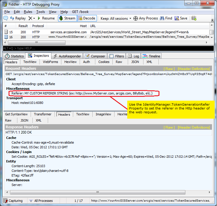 Viewing the result of setting the IdentityManager.TokenGenerationRefer Property in Fiddler.