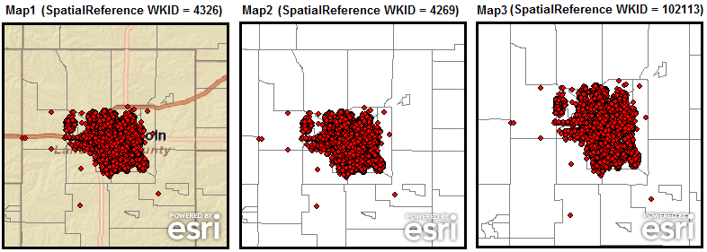 Example of three different Map.SpatialReference for the same layers.