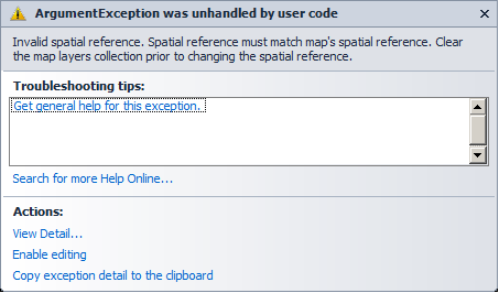 Runtime ArgumentException error message when the Geometry.SpatialReference does not match the Map.SpatialReference